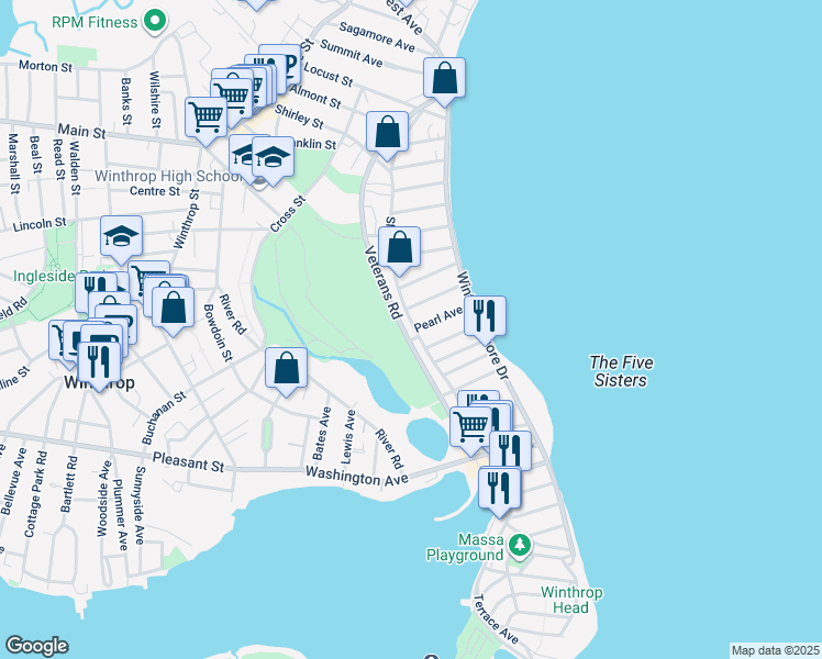 map of restaurants, bars, coffee shops, grocery stores, and more near 313 Shirley Street in Winthrop