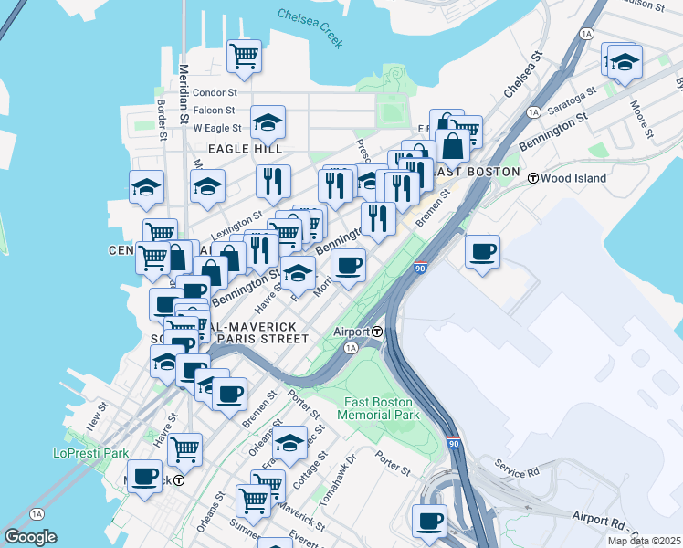 map of restaurants, bars, coffee shops, grocery stores, and more near 303 Paris Street in Boston