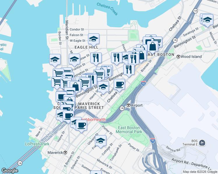 map of restaurants, bars, coffee shops, grocery stores, and more near 303 Paris Street in Boston