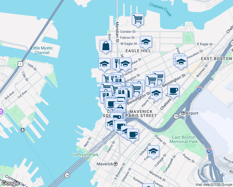 map of restaurants, bars, coffee shops, grocery stores, and more near 239 Border Street in Boston