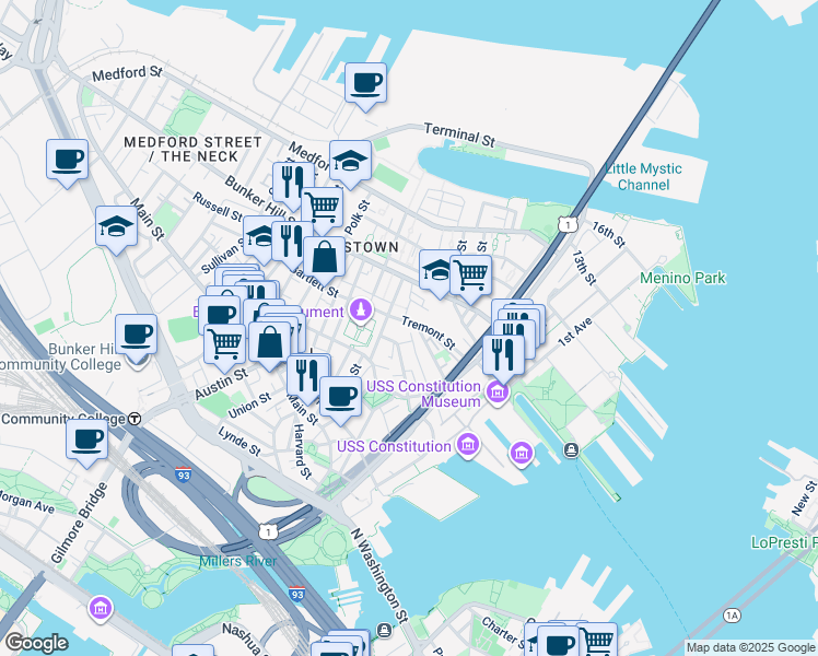 map of restaurants, bars, coffee shops, grocery stores, and more near 13 Monument Square in Boston