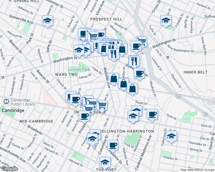 map of restaurants, bars, coffee shops, grocery stores, and more near 55 Webster Avenue in Somerville