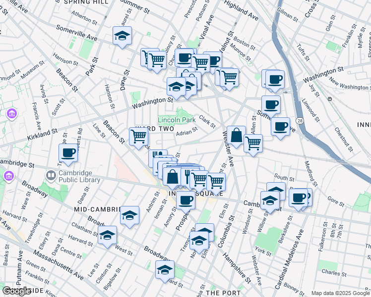 map of restaurants, bars, coffee shops, grocery stores, and more near 48 Concord Avenue in Somerville