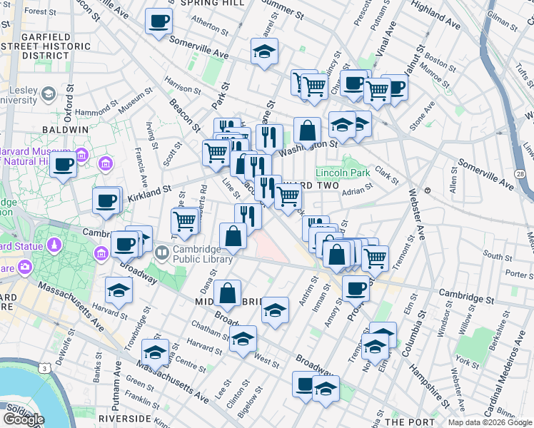 map of restaurants, bars, coffee shops, grocery stores, and more near 76 Beacon Street in Somerville