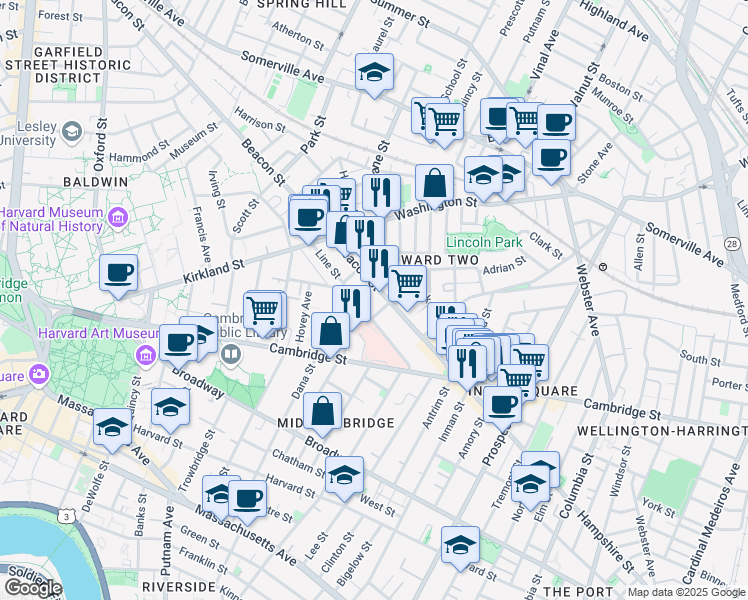 map of restaurants, bars, coffee shops, grocery stores, and more near 76 Beacon Street in Somerville