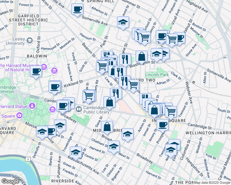 map of restaurants, bars, coffee shops, grocery stores, and more near 59 Magnolia Avenue in Cambridge