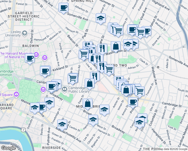 map of restaurants, bars, coffee shops, grocery stores, and more near 59 Magnolia Avenue in Cambridge