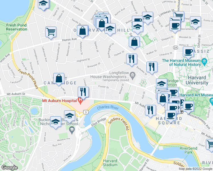 map of restaurants, bars, coffee shops, grocery stores, and more near 5 Mercer Circle in Cambridge