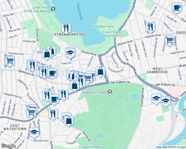 map of restaurants, bars, coffee shops, grocery stores, and more near 47 Homer Avenue in Cambridge