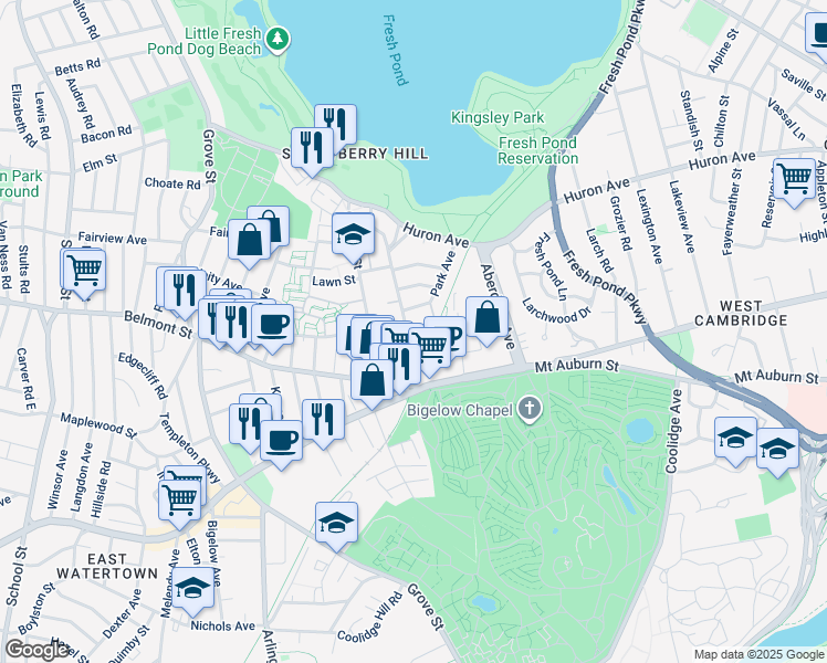 map of restaurants, bars, coffee shops, grocery stores, and more near 28 Holworthy Place in Cambridge