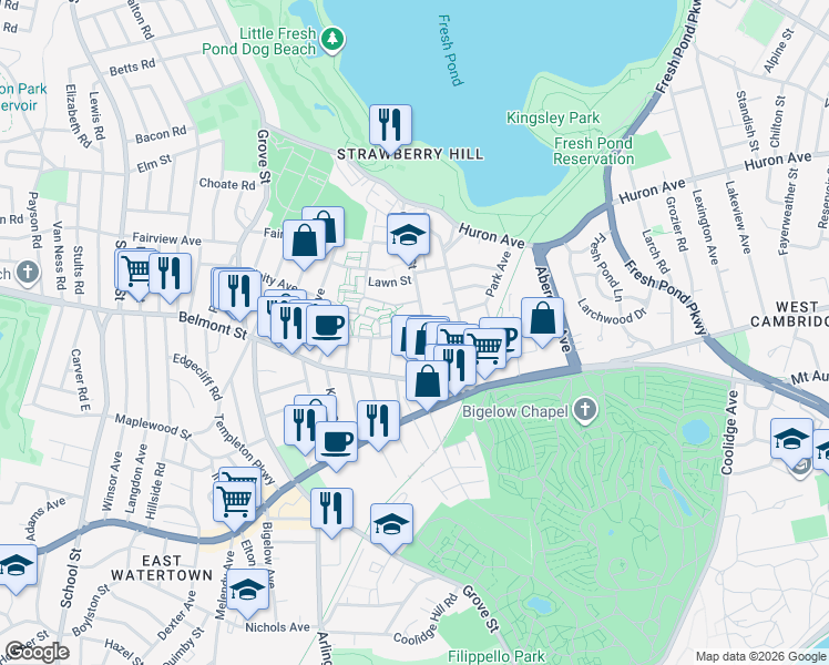 map of restaurants, bars, coffee shops, grocery stores, and more near 13 Thingvalla Avenue in Cambridge