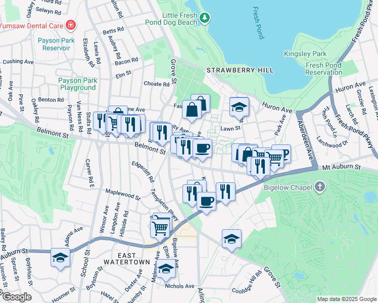 map of restaurants, bars, coffee shops, grocery stores, and more near 15 Marlboro Street in Belmont