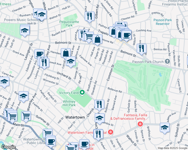 map of restaurants, bars, coffee shops, grocery stores, and more near 76 Bradford Road in Watertown