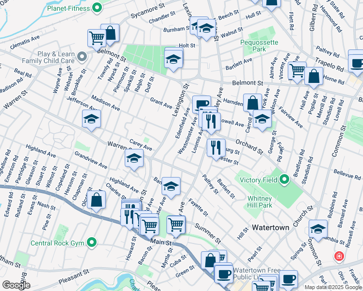map of restaurants, bars, coffee shops, grocery stores, and more near 31 Gertrude Street in Watertown