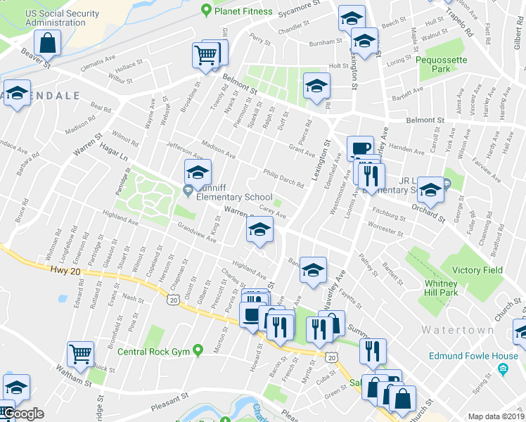 map of restaurants, bars, coffee shops, grocery stores, and more near 39 Carey Avenue in Watertown
