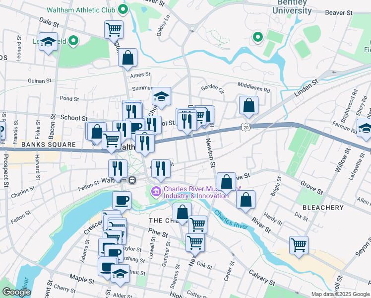 map of restaurants, bars, coffee shops, grocery stores, and more near 13 Heard Street in Waltham