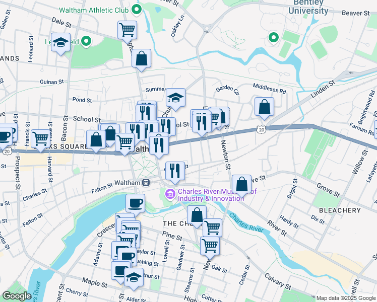 map of restaurants, bars, coffee shops, grocery stores, and more near 11 Appleton Street in Waltham