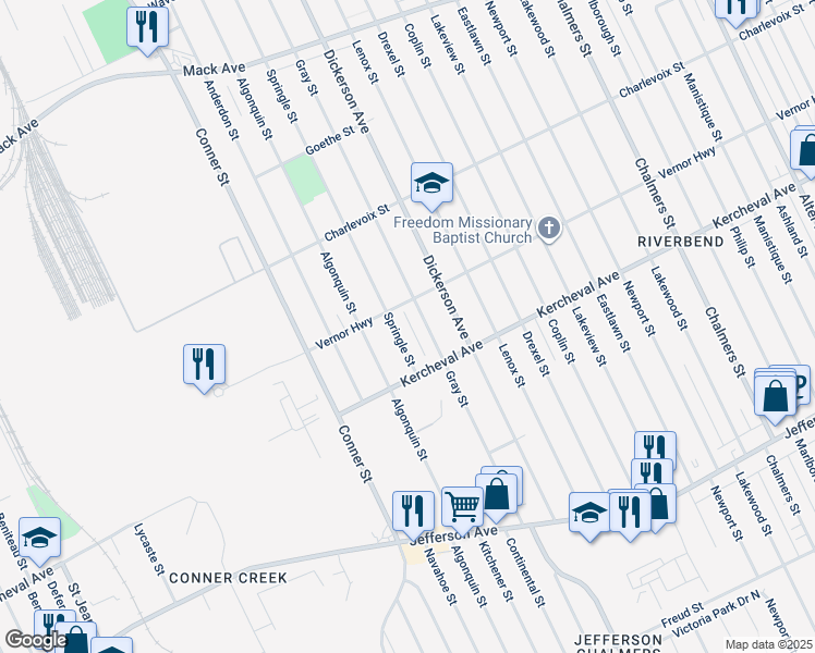 map of restaurants, bars, coffee shops, grocery stores, and more near 2216 Springle Street in Detroit