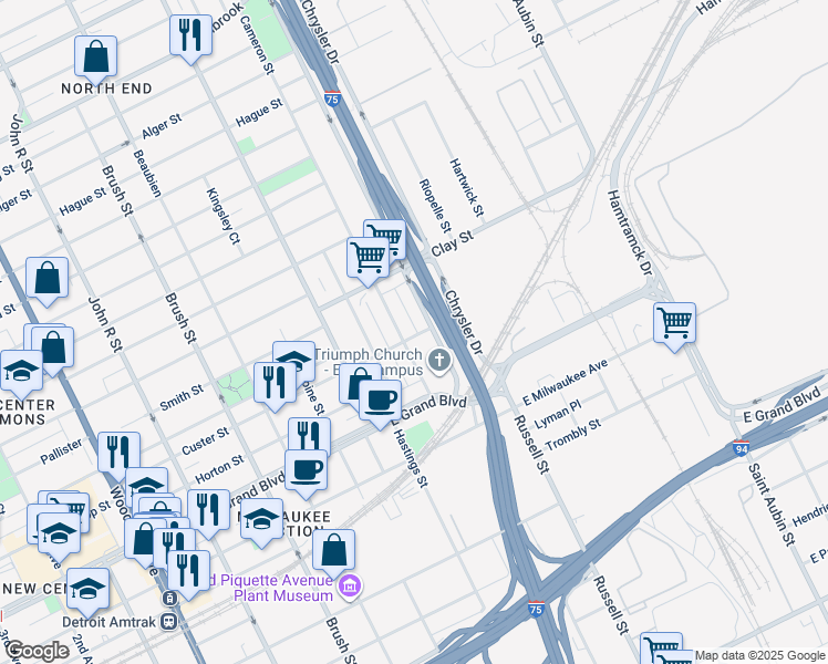 map of restaurants, bars, coffee shops, grocery stores, and more near 7509 Chrysler Drive in Detroit