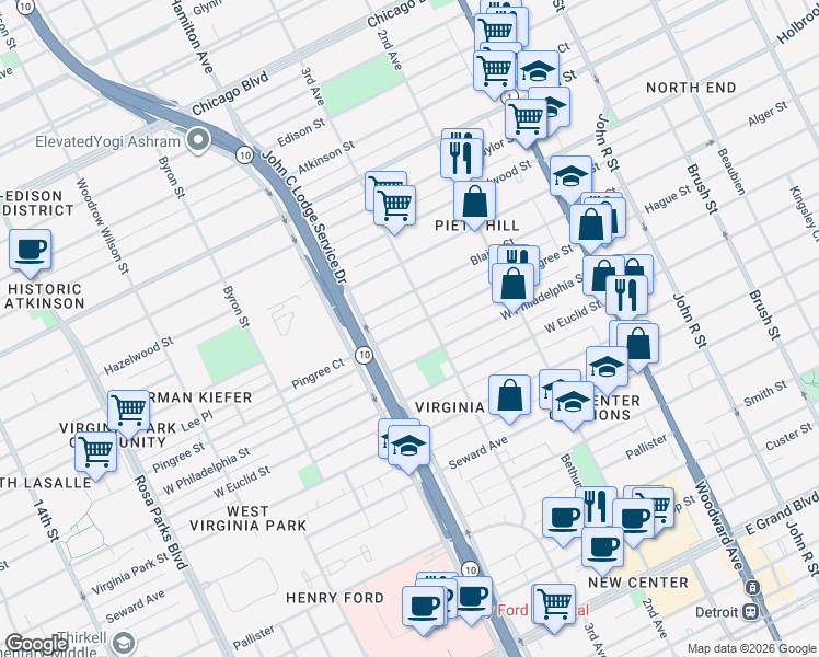 map of restaurants, bars, coffee shops, grocery stores, and more near 866 Pingree Street in Detroit