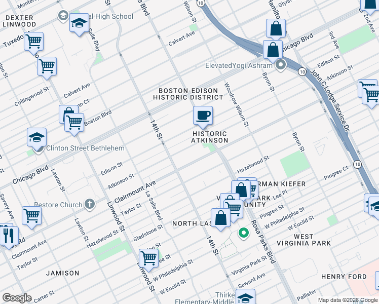 map of restaurants, bars, coffee shops, grocery stores, and more near 1987 Atkinson Street in Detroit