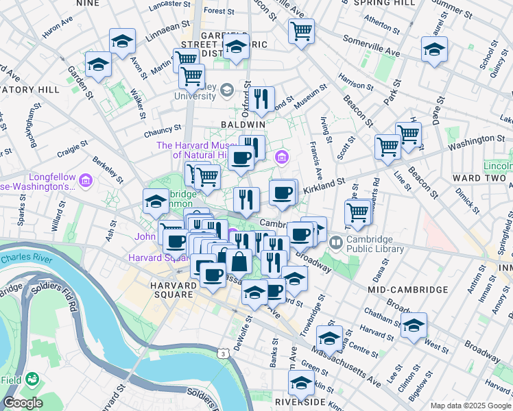 map of restaurants, bars, coffee shops, grocery stores, and more near 2 Kirkland Street in Cambridge