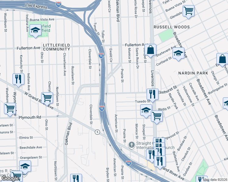 map of restaurants, bars, coffee shops, grocery stores, and more near 12035 American Street in Detroit