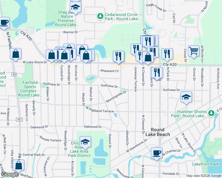 map of restaurants, bars, coffee shops, grocery stores, and more near 527 West Golfview Drive in Round Lake Beach