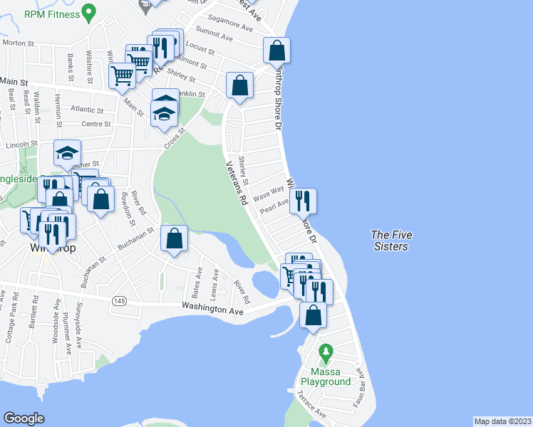 map of restaurants, bars, coffee shops, grocery stores, and more near 11 Pearl Avenue in Winthrop