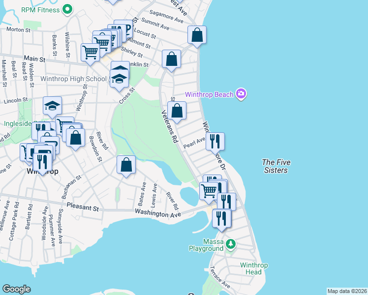 map of restaurants, bars, coffee shops, grocery stores, and more near 1 Pearl Avenue in Winthrop