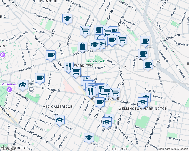 map of restaurants, bars, coffee shops, grocery stores, and more near 68 Concord Avenue in Somerville
