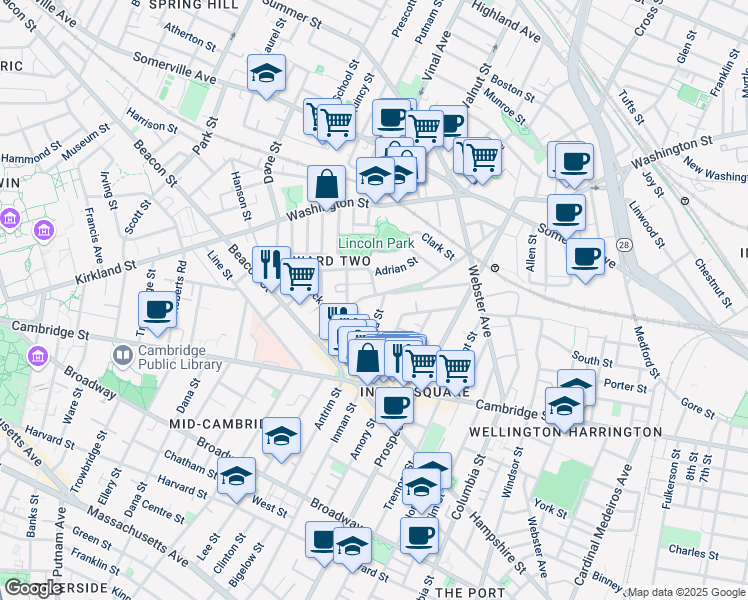map of restaurants, bars, coffee shops, grocery stores, and more near 68 Concord Avenue in Somerville