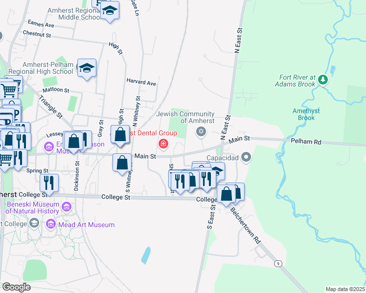 map of restaurants, bars, coffee shops, grocery stores, and more near 44 Salem Place in Amherst