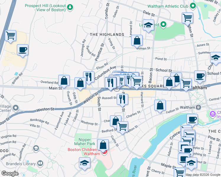 map of restaurants, bars, coffee shops, grocery stores, and more near 2 Wellington Street in Waltham
