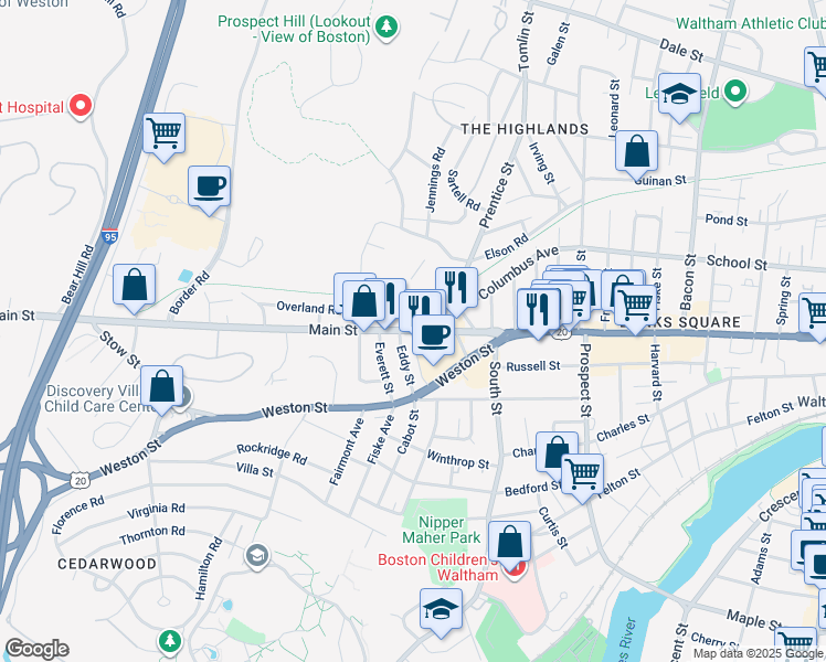 map of restaurants, bars, coffee shops, grocery stores, and more near 1025 Main Street in Waltham