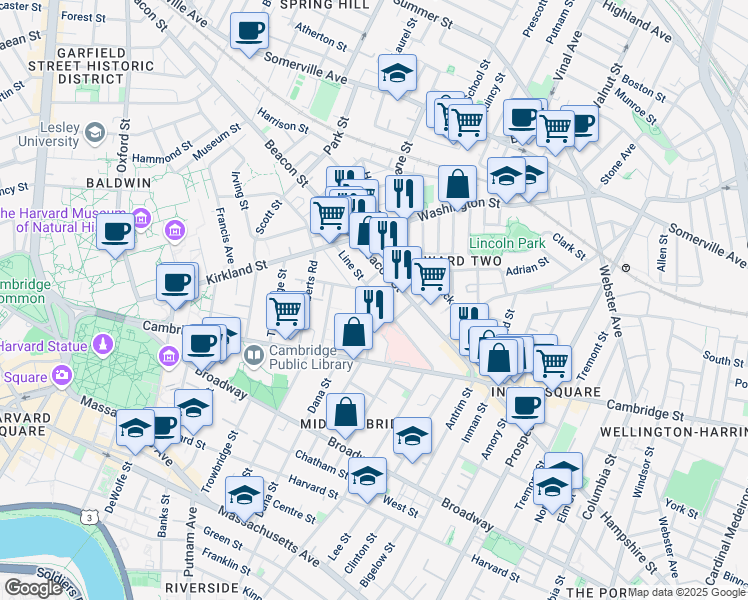 map of restaurants, bars, coffee shops, grocery stores, and more near 59 Magnolia Avenue in Cambridge