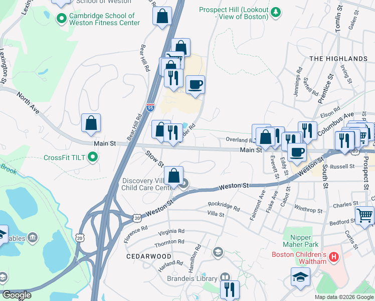 map of restaurants, bars, coffee shops, grocery stores, and more near 1211 Main Street in Waltham