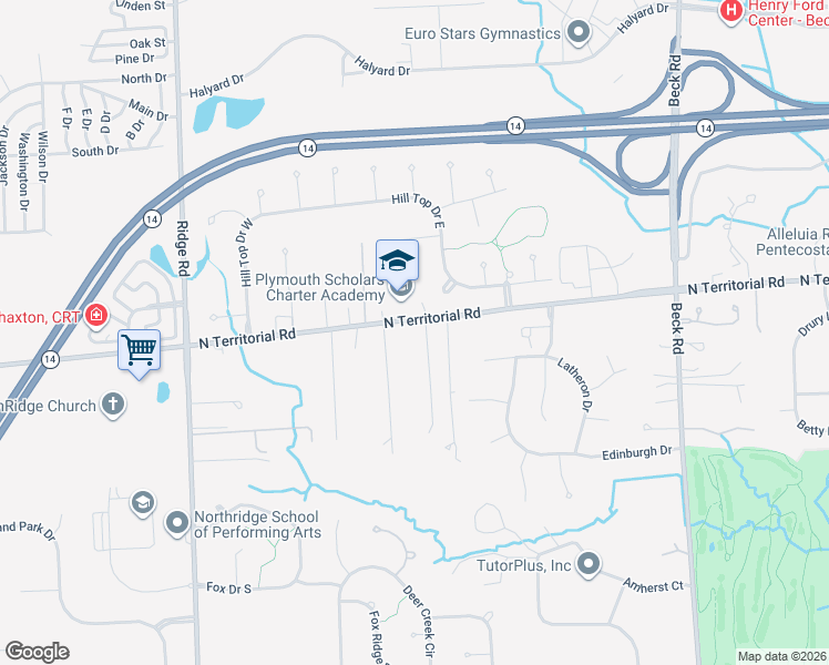 map of restaurants, bars, coffee shops, grocery stores, and more near 48441 North Territorial Road in Plymouth