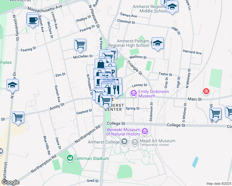 map of restaurants, bars, coffee shops, grocery stores, and more near 22 Lessey Street in Amherst