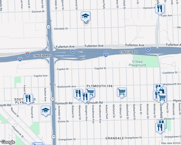 map of restaurants, bars, coffee shops, grocery stores, and more near 12136 Grandmont Avenue in Detroit