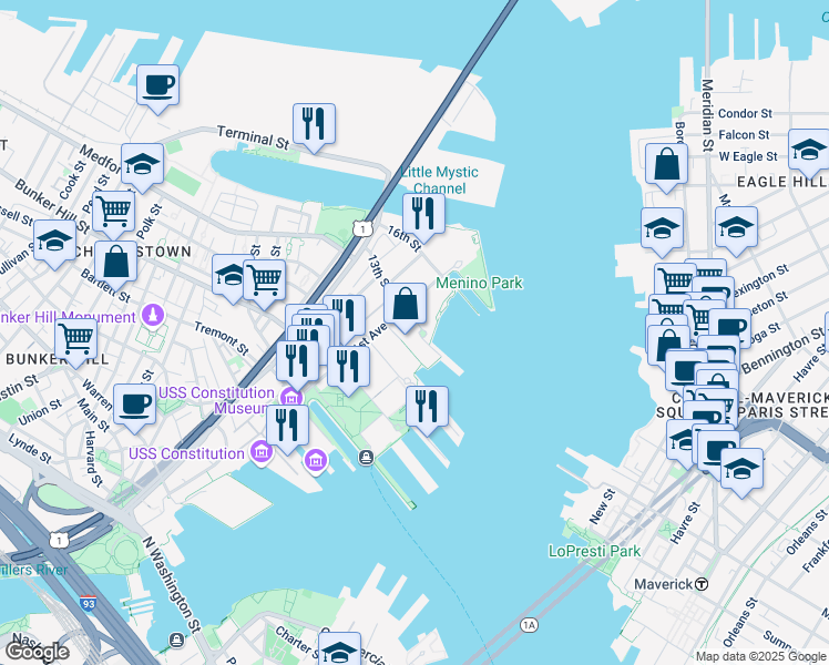 map of restaurants, bars, coffee shops, grocery stores, and more near c2 Shipway place in Boston