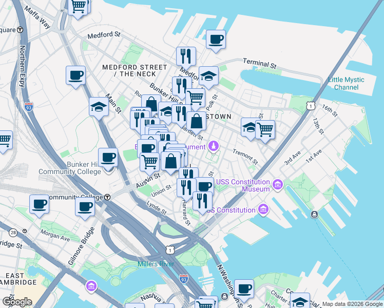 map of restaurants, bars, coffee shops, grocery stores, and more near 5 Cross Street in Boston