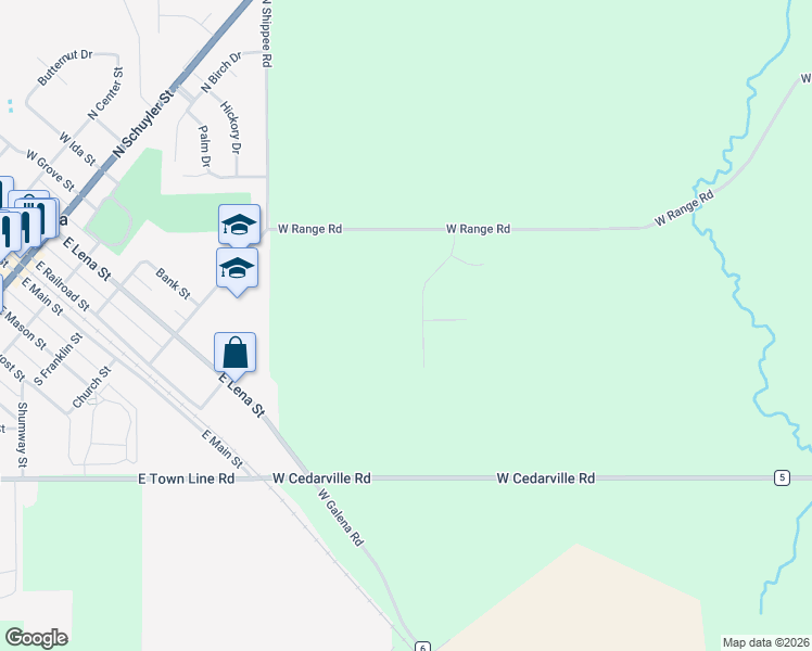 map of restaurants, bars, coffee shops, grocery stores, and more near 5314 Timber Ridge Road in Lena