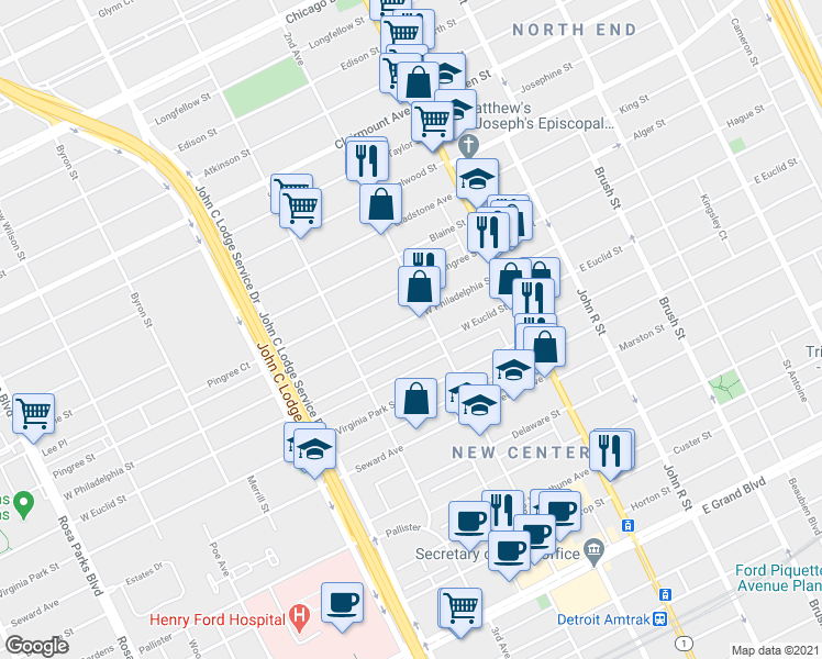 map of restaurants, bars, coffee shops, grocery stores, and more near 639 West Philadelphia Street in Detroit