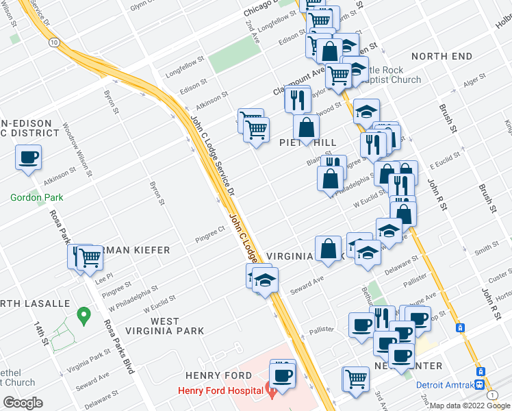 map of restaurants, bars, coffee shops, grocery stores, and more near 866 Pingree Street in Detroit