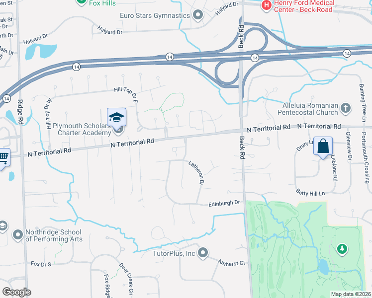 map of restaurants, bars, coffee shops, grocery stores, and more near 48010 Saint Andrews Square in Plymouth