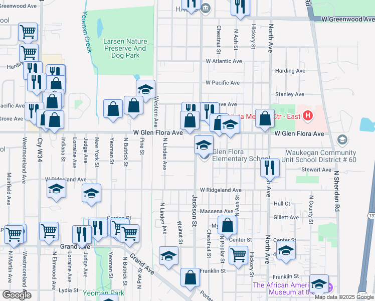 map of restaurants, bars, coffee shops, grocery stores, and more near 913 Woodlawn Avenue in Waukegan