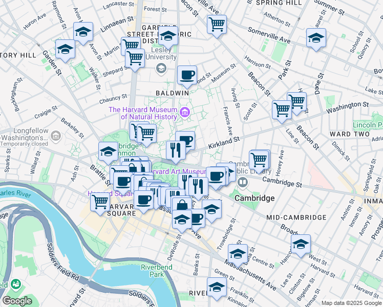 map of restaurants, bars, coffee shops, grocery stores, and more near 6 Kirkland Street in Cambridge