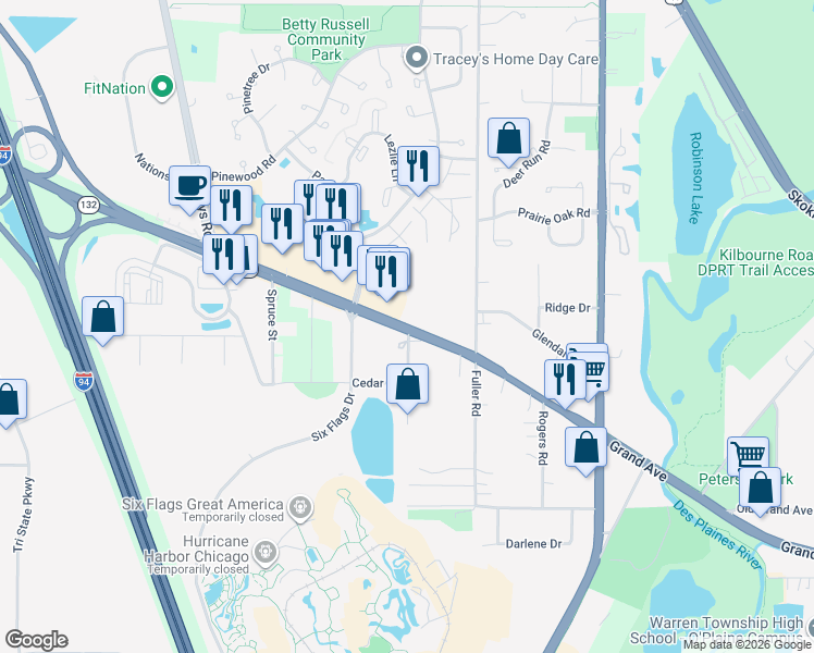 map of restaurants, bars, coffee shops, grocery stores, and more near 5200 Grand Avenue in Gurnee