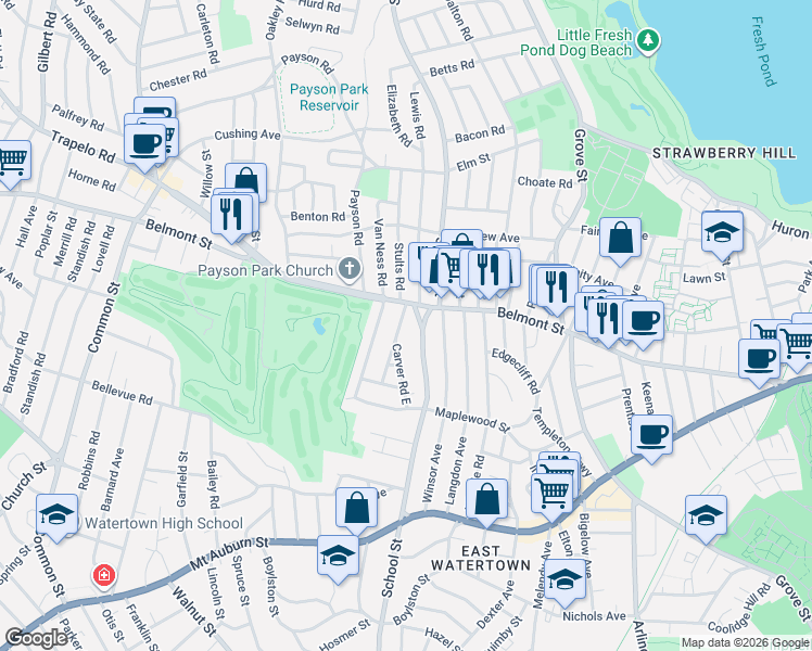 map of restaurants, bars, coffee shops, grocery stores, and more near 16 Carver Road in Watertown
